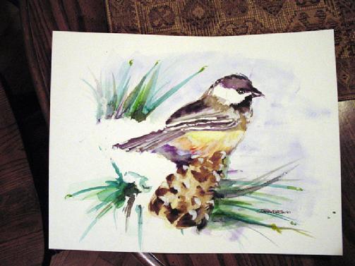 "pinecone chickadee" original watercolor